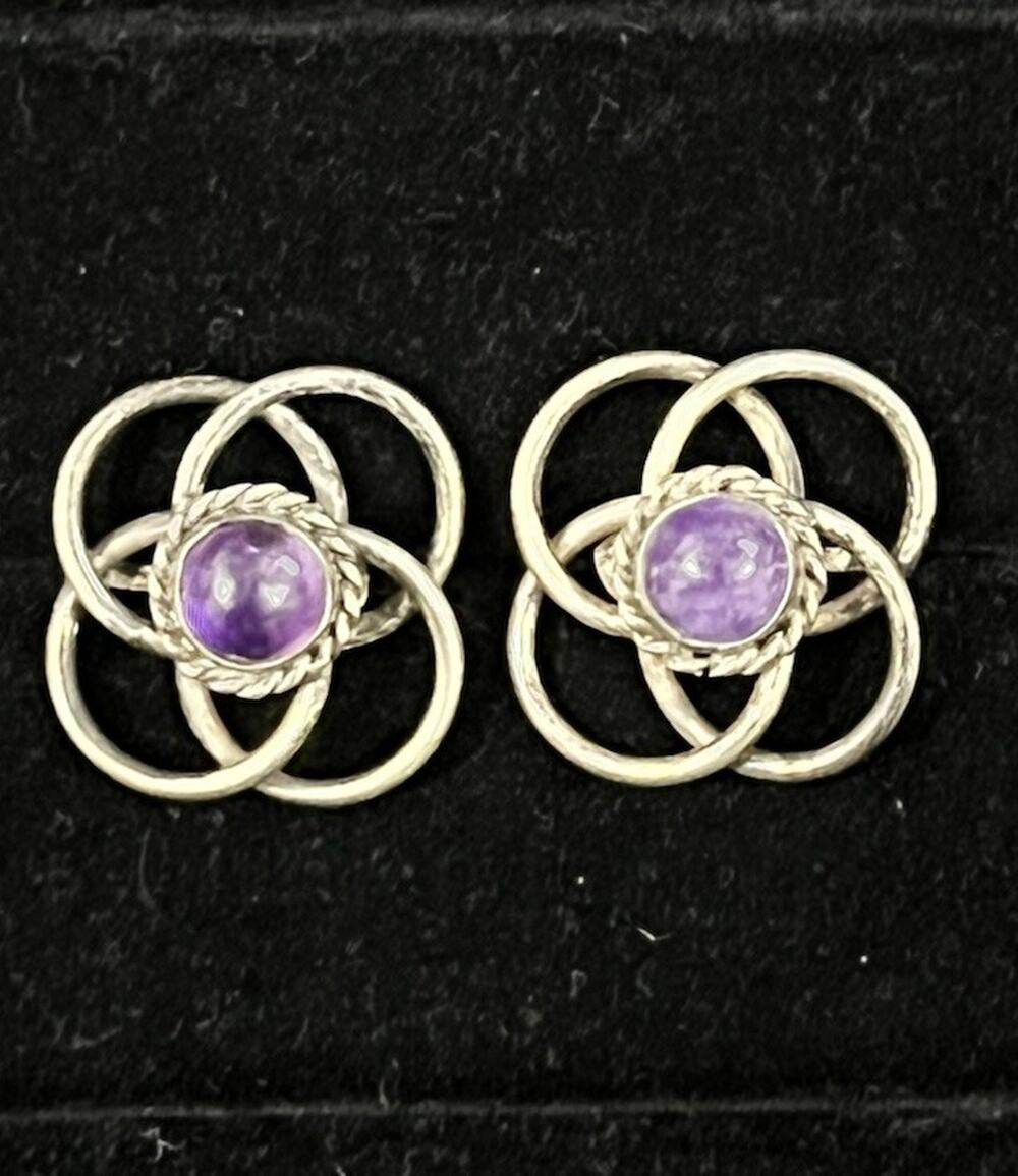 Vintage Mexico Sterling Silver Amethyst Cabochon Knot Earrings Screw Back 9.65g